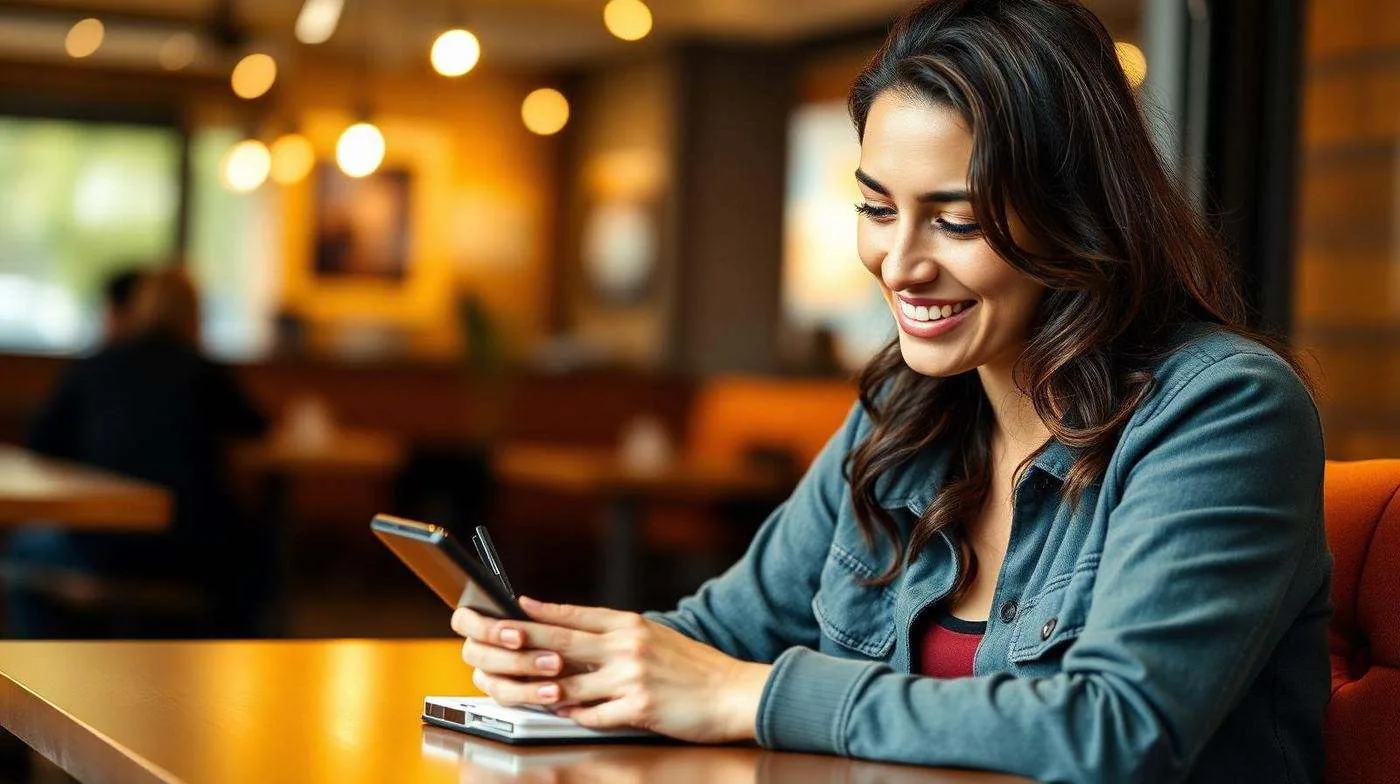 Mulher sorrindo em café enquanto escreve mensagem no celular para editar bio de app de namoro