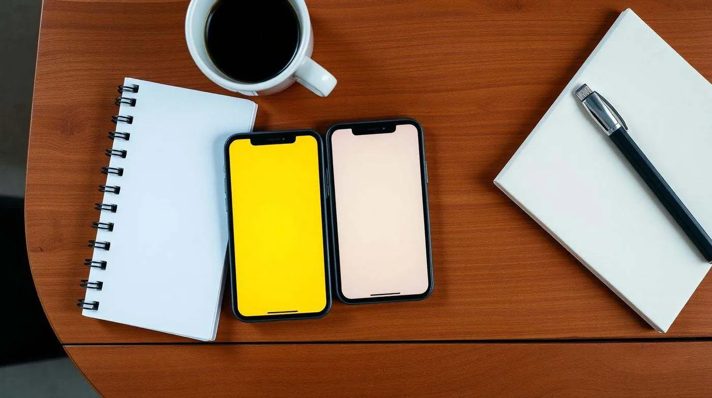 Dois smartphones sobre mesa de madeira mostrando aplicativos de namoro amarelo e rosa lado a lado